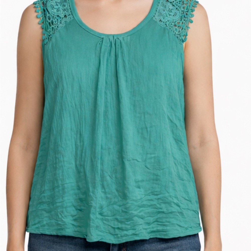 Aqua Teal Sleeveless Lace Shoulder Flowy Tank Top | Women’s